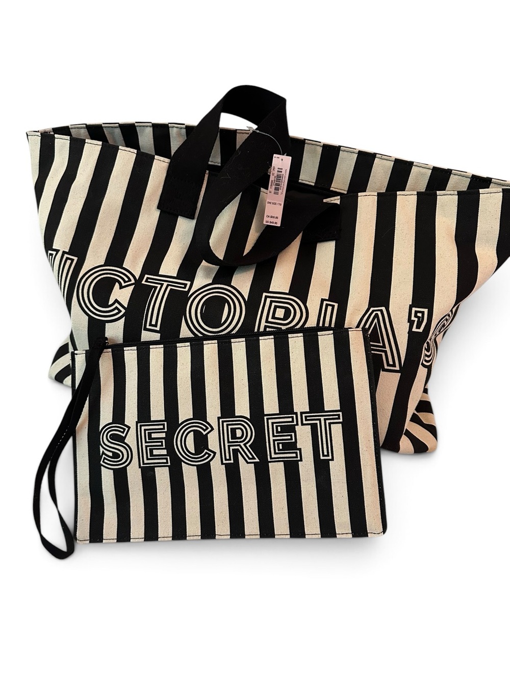 Victoria's Secret Black and White Striped Tote with Accessory Clutch